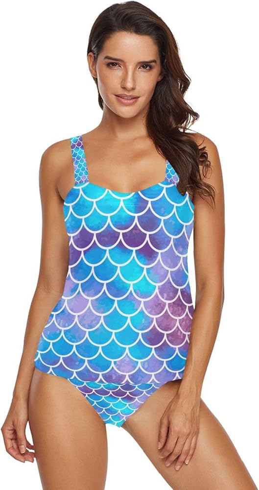 Mermaid Scales 2 Piece Women Tankini Swimsuit Tummy Control Sport Bathing Suit with Bikini Bottom