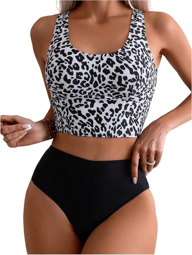 SOLY HUX Women's Bikini Sets Leopard Print High Waisted Tankini Bathing Suits Two Piece Swimsuit