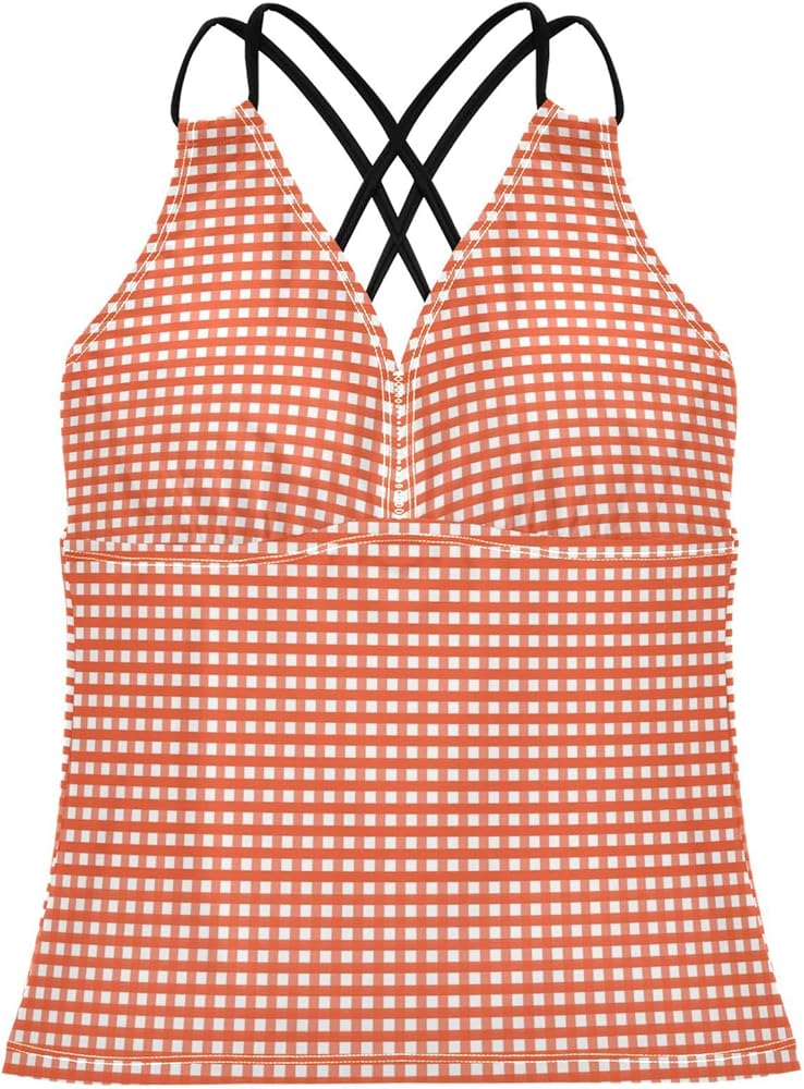 Orange Gingham Women's Tankini Tops Swimwear V Neck Bathing Suit Tops