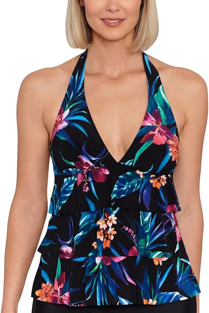 Women's Printed Tiered Halter Tankini Top (Black Multi, 8)