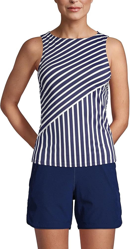 Lands' End Womens Chlorine Resistant High Neck Shelf Bra Tankini Top Deep Sea Mixed Diagonal Stripe Regular 2