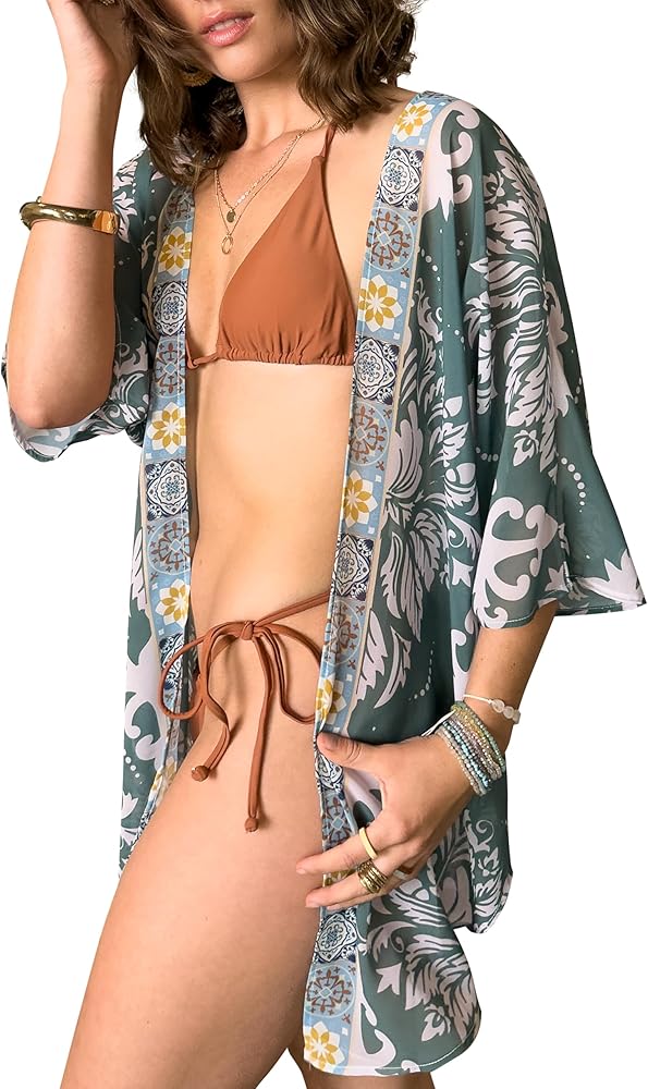 CATCHY & CRAFTY Swimsuit Coverup for Women Kimono Cardigan Beach Floral Loose Tops Boho Print Resort Wear Cruise Gift