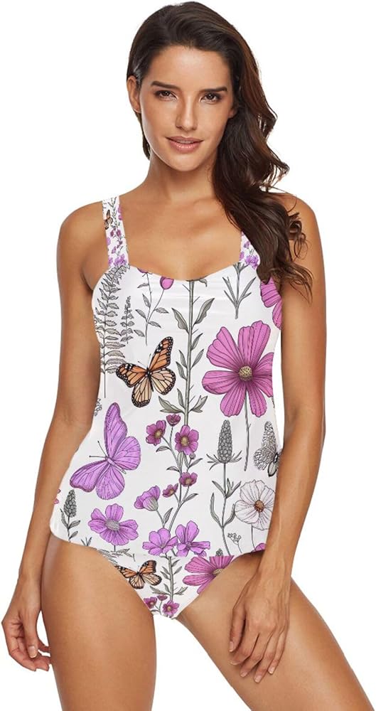 Flower Butterfly 2 Piece Women Tankini Swimsuit Tummy Control Sport Bathing Suit with Bikini Bottom