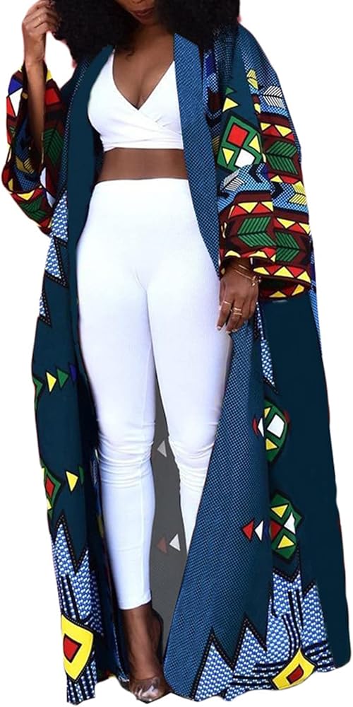 LETSVDO Women African Open Front Cardigan Dresses Oversized Floral Print Long Sleeve Kimono Beach Swimsuit Cover Up Coats