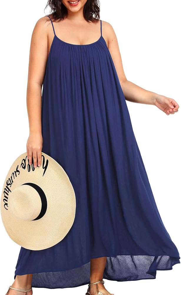 Plus Size Cover Ups Swimwear Navy Blue Bathing Suit Cover Up Dress Women Maxi Sleeveless Casual Flowy Beach Dress