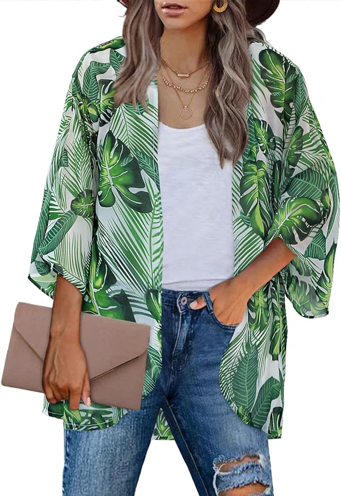 MayBuy Women's Flowy Summer Chiffon Kimono Cardigans Tops Boho Floral Beach Cover Ups Casual Loose Shirts