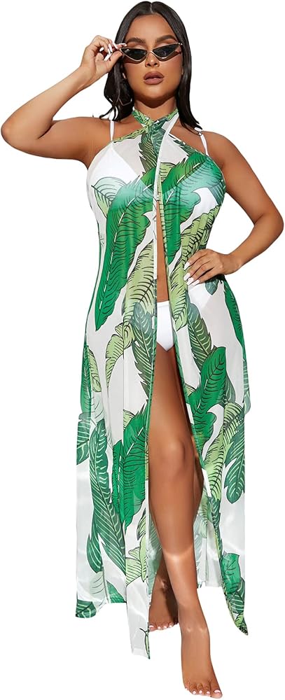 Floerns Women's Tropical Print Sleeveless Criss Cross Wrap Kimono Cover Up