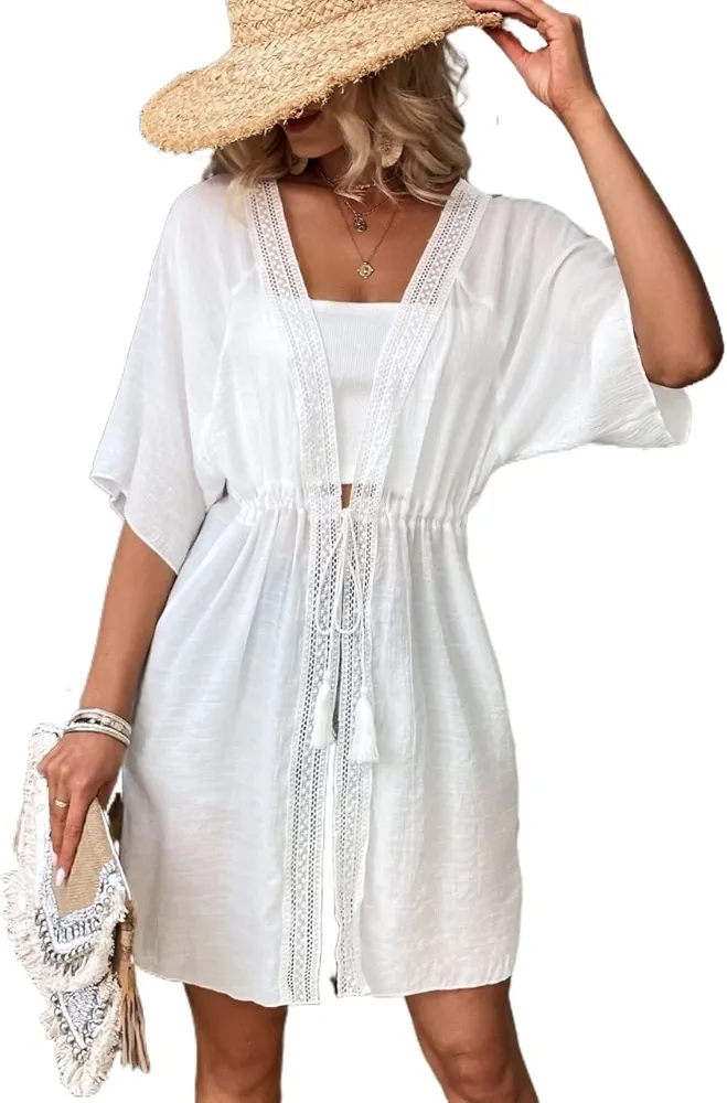 White Swimsuit Coverup for Women Contrast Lace Drawstring Waist Raglan Sleeve Kimono (Color : White, Size : Small)