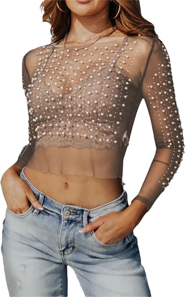 Women's Sexy Pearl Crop Top Long Sleeve Sheer Mesh Tee Shirt See Through Going Out Top Beach Cover Up