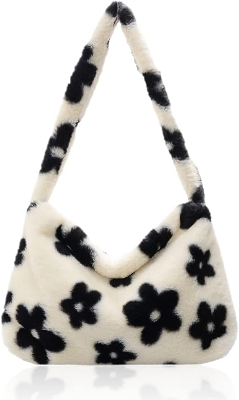 PFLYPF 1 bolsa de la compra de peluche, cadena de hombro, con diseño de flores de moda y mensajero, bolsa de gran capacidad, bolso de mano, bolso de otoño e invierno para mujer., negro y blanco