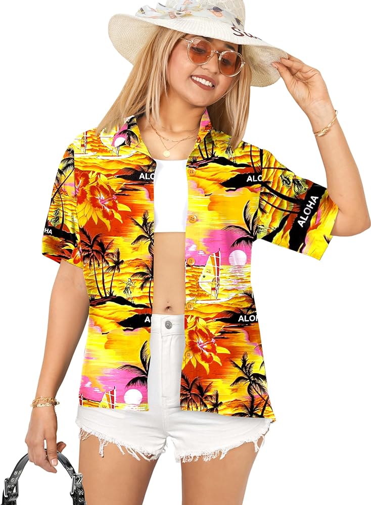 LA LEELA Women's Short Sleeve Hawaiian Blouse Shirt