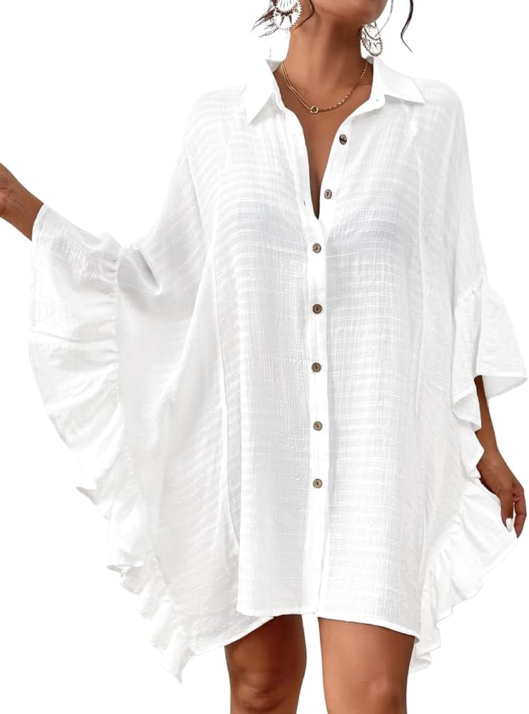 Bsubseach Women Button Down Bathing Suit Cover Up Shirt Dress Ruffled Sleeve Beach Blouse Cover Ups