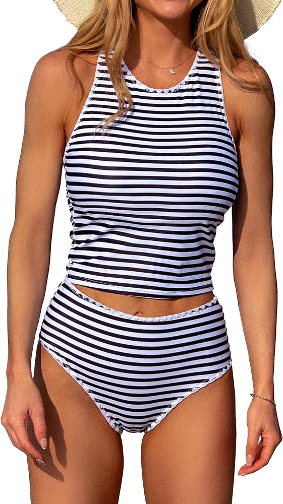 Beachsissi Women's White Trim Blue Round Neck Cutout Back Two Pieces Tankini Sets