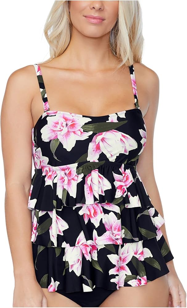 Women's Black Floral Removable Straps Removable Cups Bandeau Tankini Swimsuit Top 8