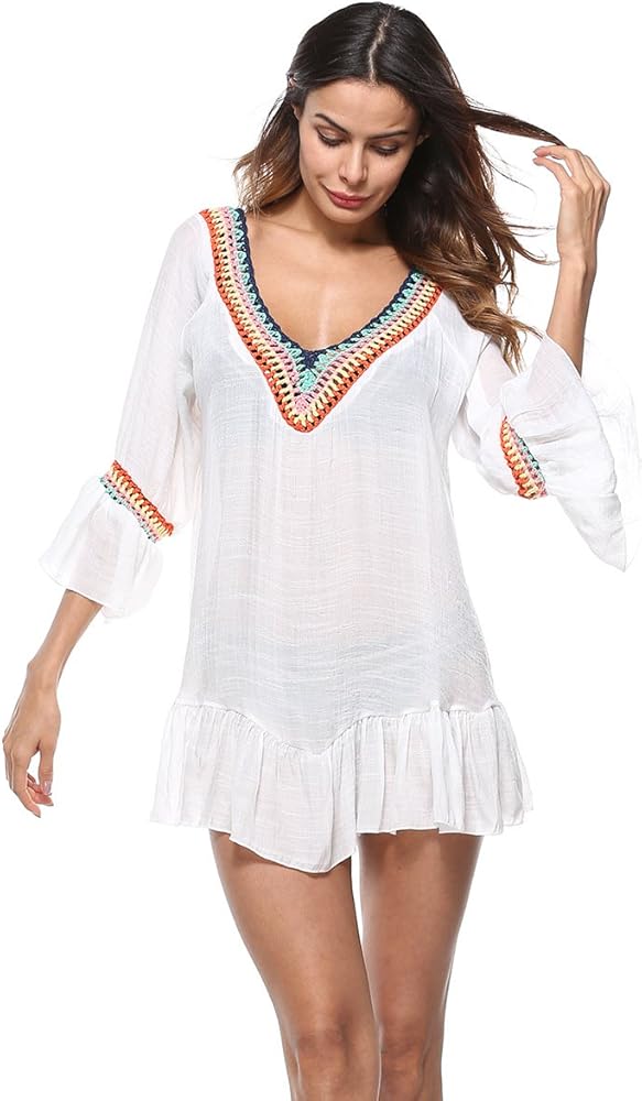 Women's V Neck Crochet Kaftan Swimwear Bathing Suit Summer Boho Beach Coverups Dress