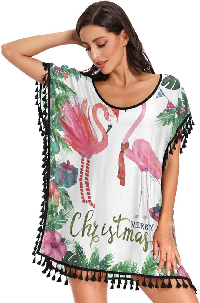 Christmas Leaves Flamingo Swimsuit Coverup for Women Plus Size Swimwear Cover Ups for Swimwear Bikini Beach Dress,S