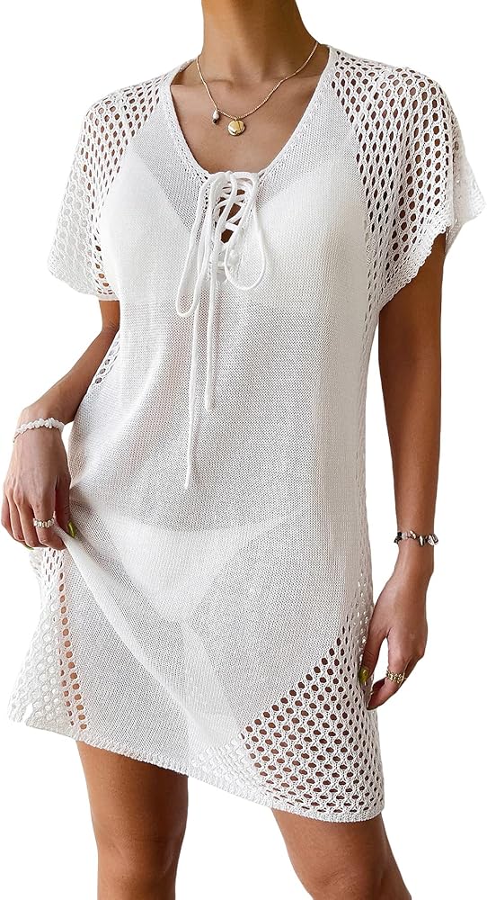 MakeMeChic Women's Knit Swimsuit Cover Up Short Sleeve Lace Up Hollow Out Beach Cover Up Dress