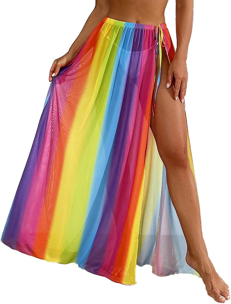 SweatyRocks Women's Rainbow Striped Beach Cover Up High Slit Long Beach Skirts