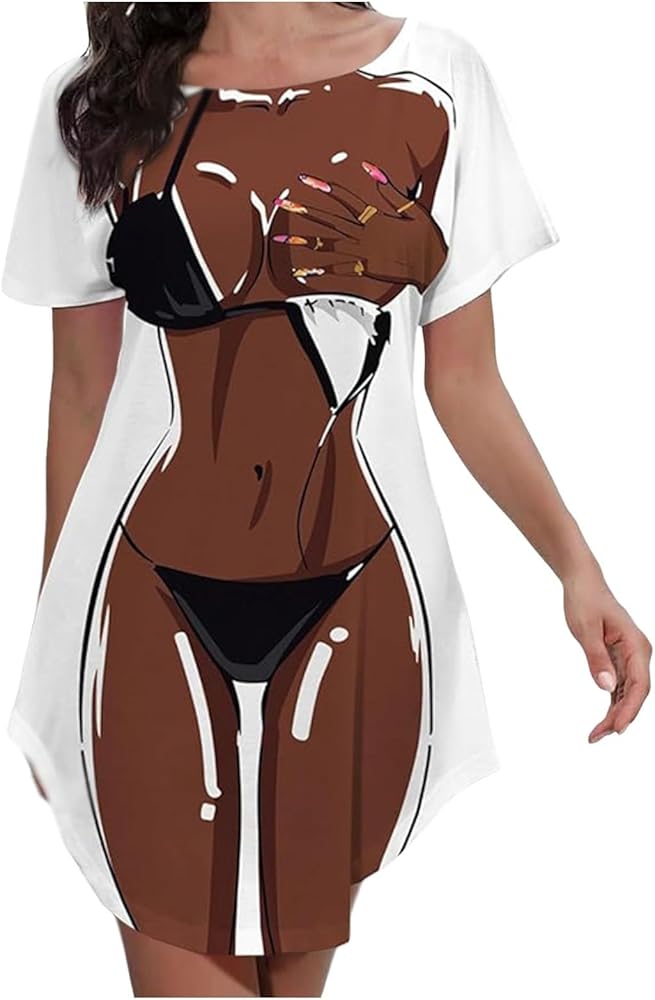 Women's Cute Bikini Printed T Shirt Dress Short Sleeve Baggy Shirt Beach Fun Swimwear Cover Up Dress Tie Midi