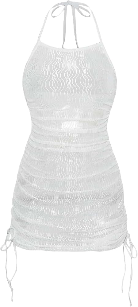 WDIRARA Women's Halter Sheer Mesh Ruched Drawstring Tie Front Swimsuit Coverup Dress