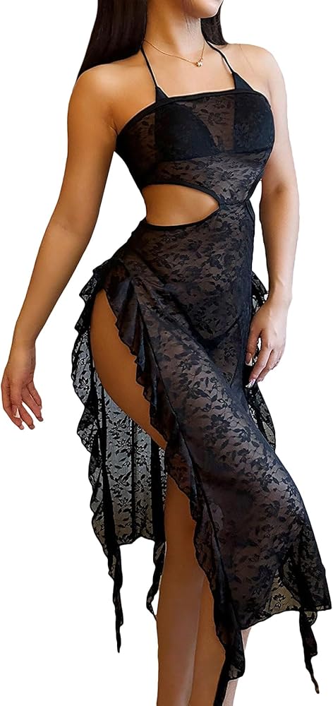 WDIRARA Women's Cut Out Floral Lace Strapless Beach Dress Sleeveless Ruffle Hem Split Thigh Cover Up