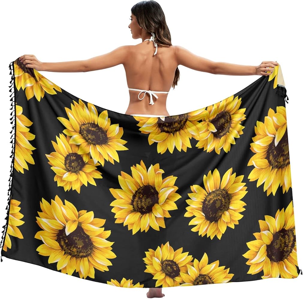 Sarong Skirt Cover ups (Sunflower in Black) for Women, Aesthetic Print Beach Swimwear Suit Wrap Dress 2 Sizes