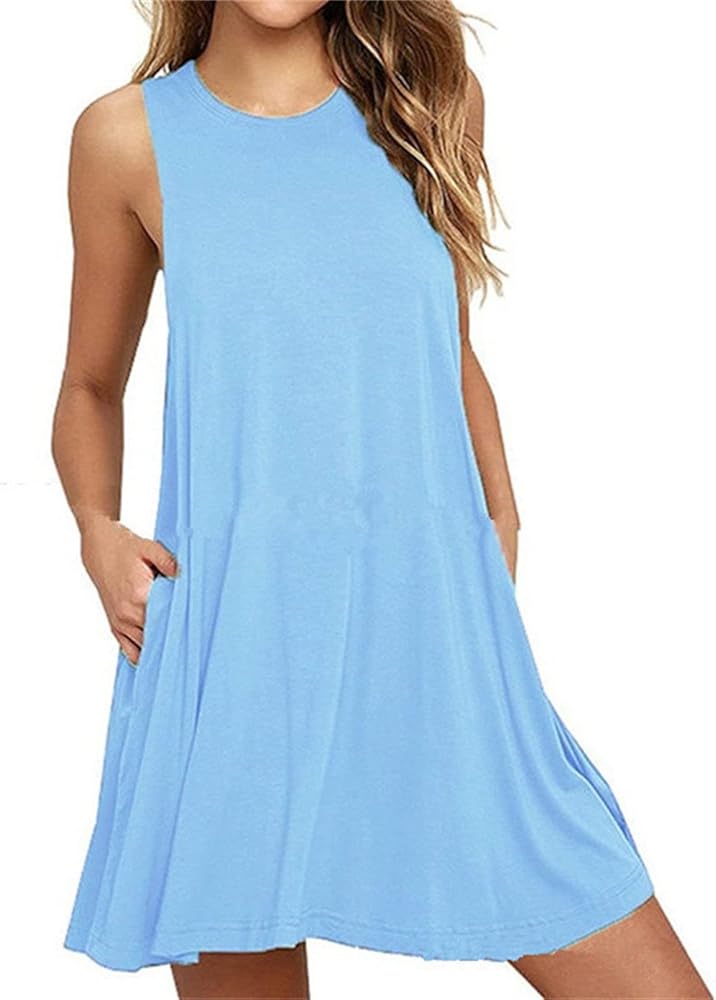 Women Casual Swing T Shirt Dresses Beach Cover Up Loose Dress Tank Sleeveless Knee Length Sun Dresses with Pocket