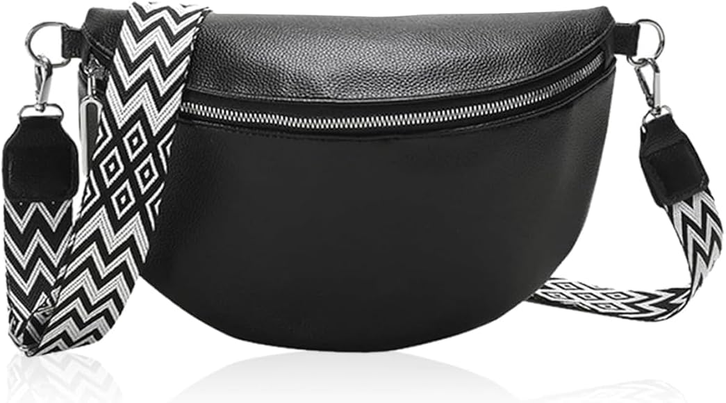 Auirshiky Riñonera para mujer, bolso bandolera para mujer, negro, correa ancha, pequeña bandolera con cremallera y correa de hombro desmontable (negro), Negro