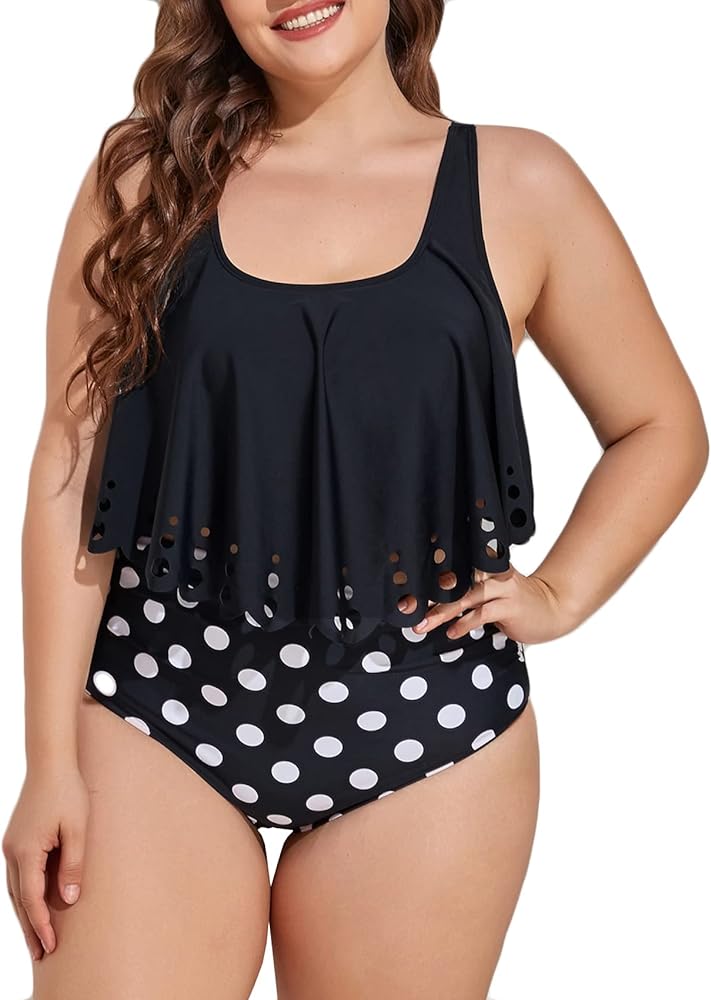 Mooncore Womens Plus Size Swimsuit High Waisted Tankini Bathing Suits Two Piece Flounce Bikini Swimsuit