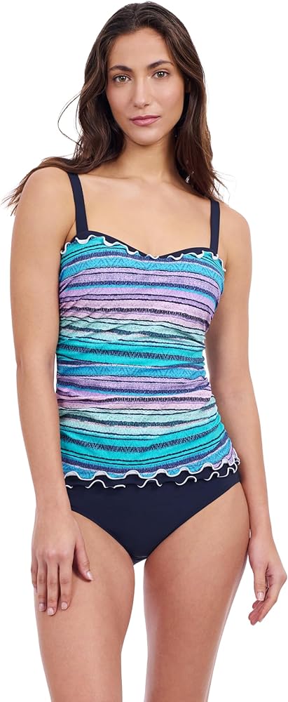 Profile by Gottex Women's Harmony Blue Stripe Ruffle Trim E-cup Tankini Bathing Suit Top Swim Essential