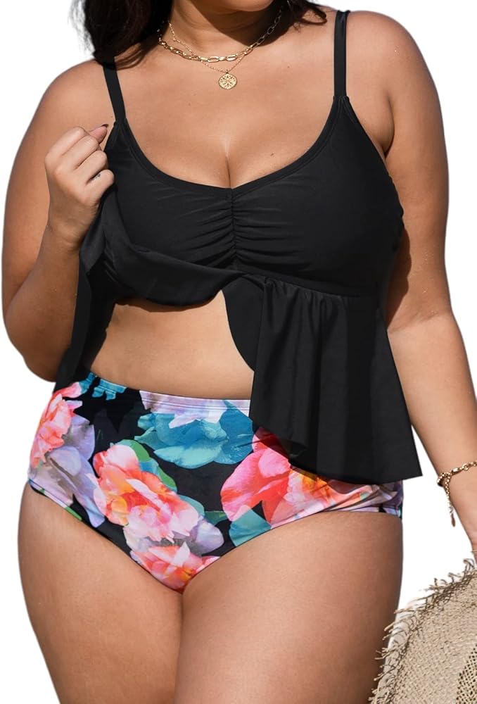 CUPSHE Women' Plus Size Swimsuit High Waisted Bikini Set Ruffle Hem with Adjustable Straps