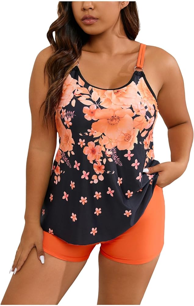 Womens Tankini Swimsuits Sexy Leaf Printed Fashion Halter Women Crewneck Swimsuit Two Piece Plus Size Summer Modest Swimwear Ruffle Tankini Tops for Women Orange,X-Large