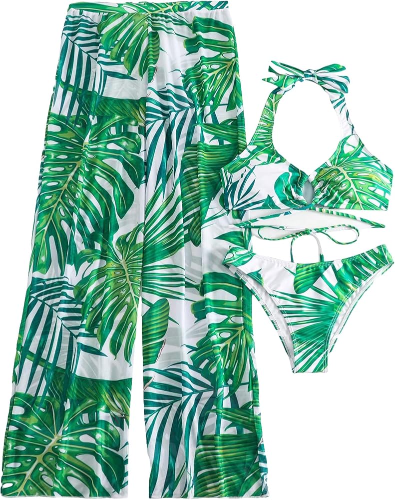 Verdusa Women's 3 Piece Tropical Print Halter Bikini Swimsuit with Cover Up Pants