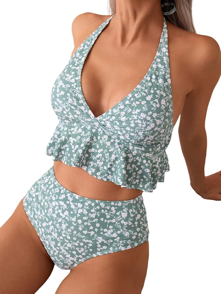 Urchics Tankini Women Summer Beach Ditsy Floral Print Ruffle Trim Halter Neck Tankini Swimsuit Set