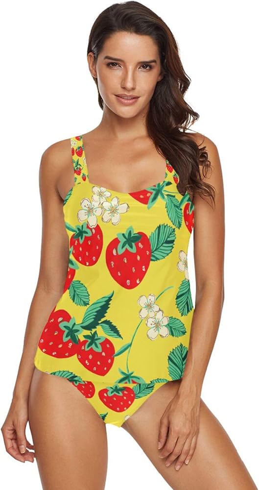 Strawberry 2 Piece Women Tankini Swimsuit Tummy Control Sport Bathing Suit with Bikini Bottom