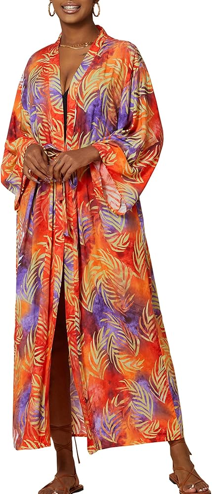 Chunoy Women Loose Lightweight Summer Boho Open Front Kimono Cardaigan Caftan Sleeve Long Striped Kaftan Beach Cover Up Colorful Leaves