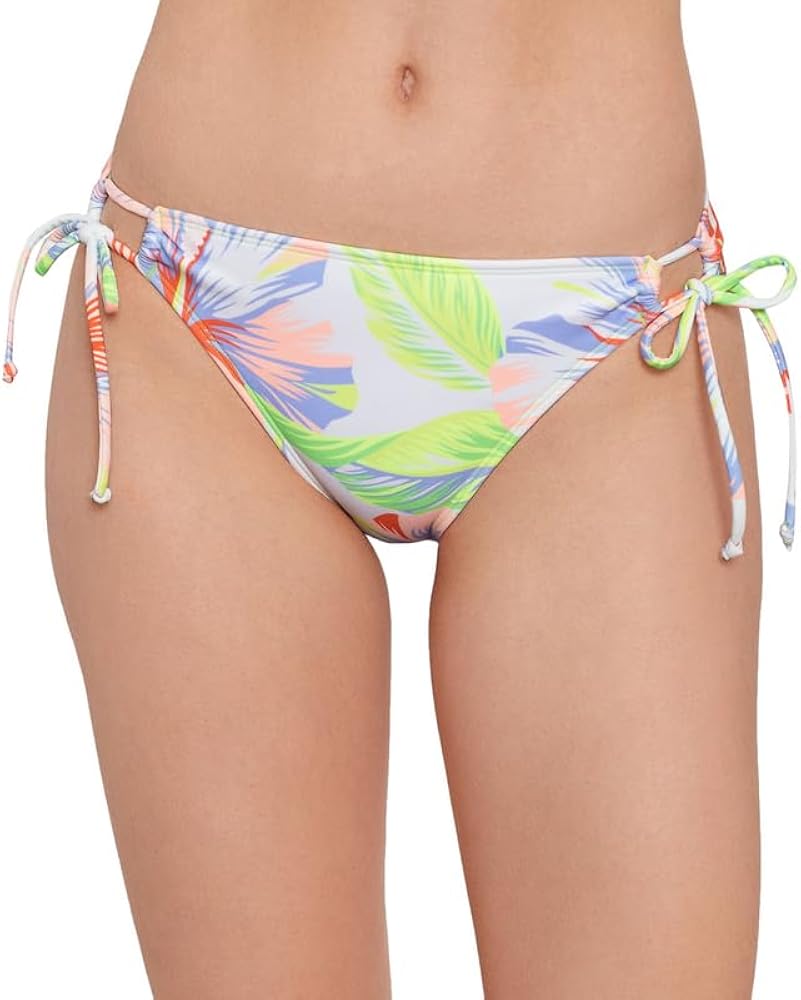 Women's Juniors Hibiscus Garden Side-Tie Bikini Bottoms (White Multi, Medium)