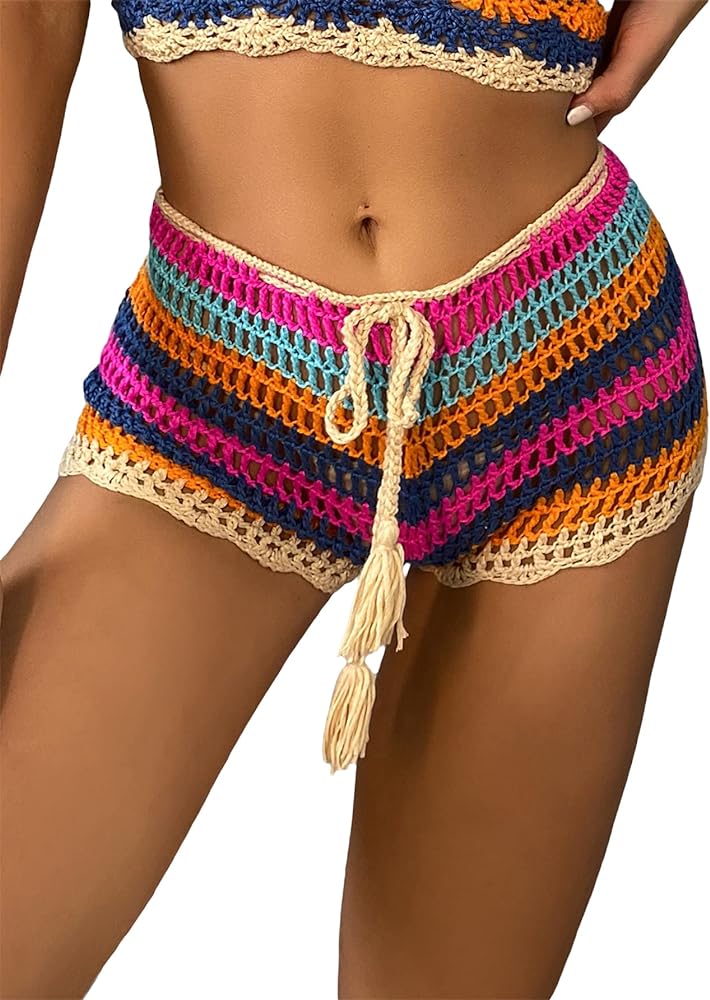 Verdusa Women's Striped Knitted Tie Front Swimsuit Crochet Cover Up Shorts