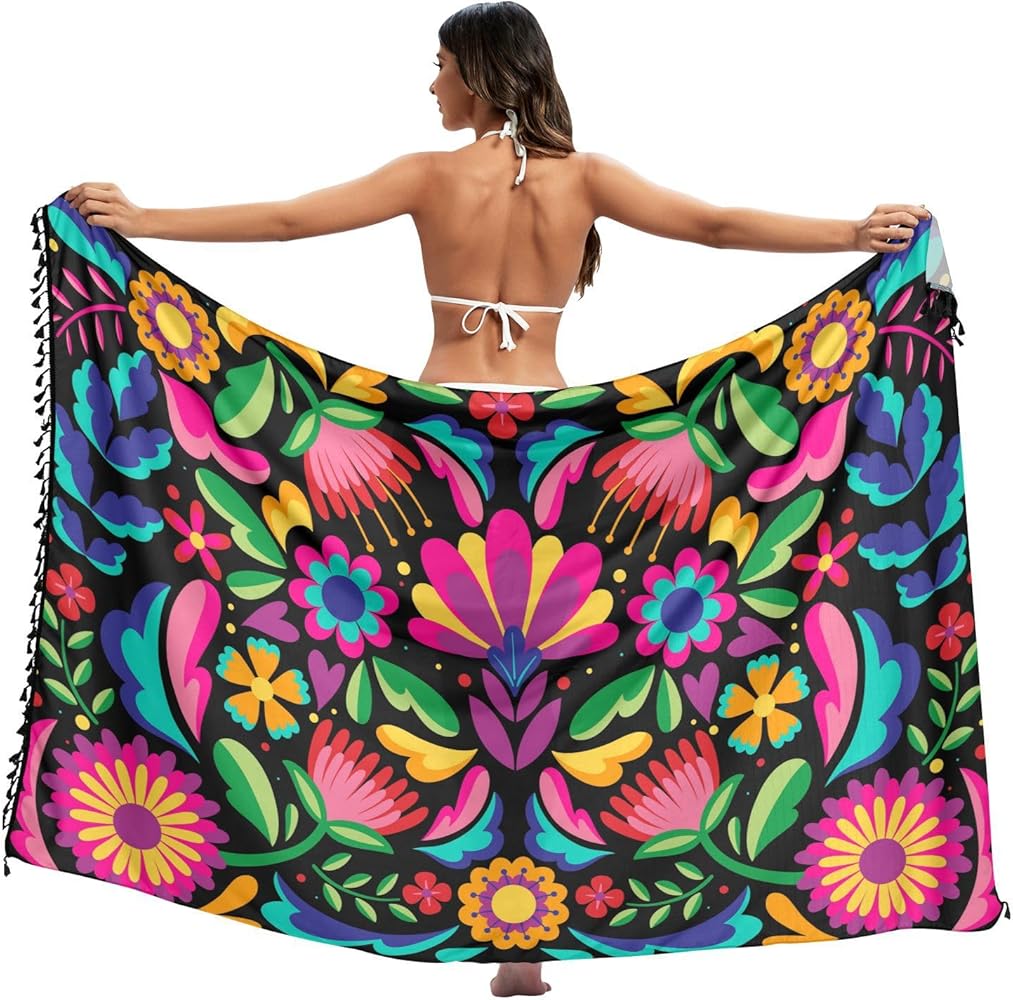 Women Beach Sarong Colorful Floral Mexican Bating Suit Cover Ups Wrap Skirt Bikini Pareo M