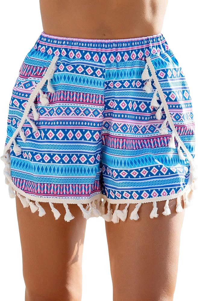 Milumia Women's Tassel Trim Printed Swim Cover Up Beach Shorts Swimsuit Coverups