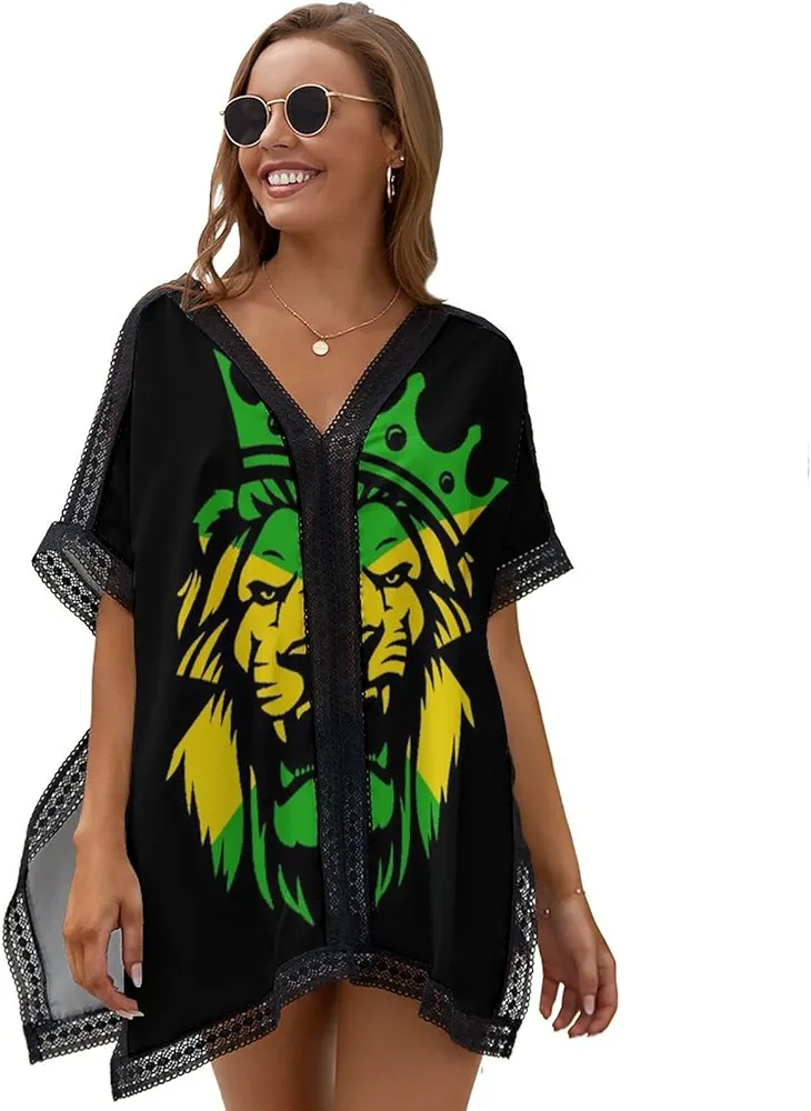 Jamaica Rasta Lion Women's Swimsuit Cover Up 3/4 Sleeve Beachwear Bikini Coverups Oversized Bathing Suit Dress, cznjksf8333