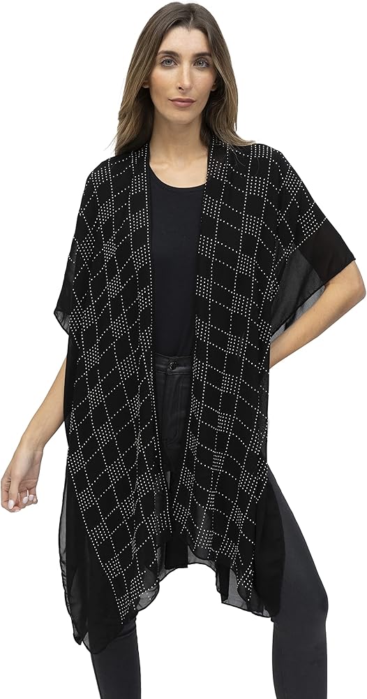 Jessica McClintock Rhinestone Womens Beach Cover Up, Swimsuit Kimono (Black/Silver)