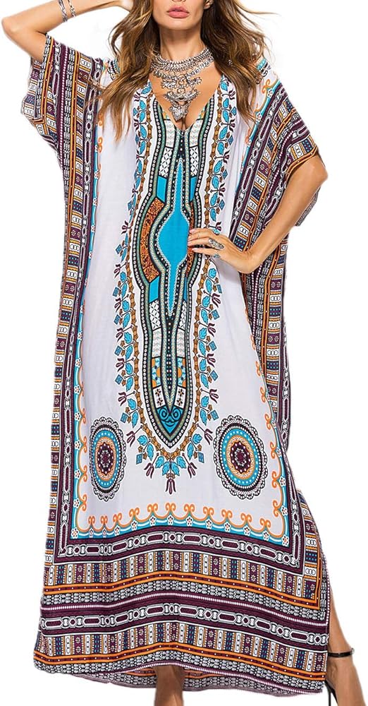 xxxiticat Women's Summer Oversized African Ethnic Print Kaftan Maxi Chiffon Dress Bohemian Loungewear Bikini Beach Cover Ups