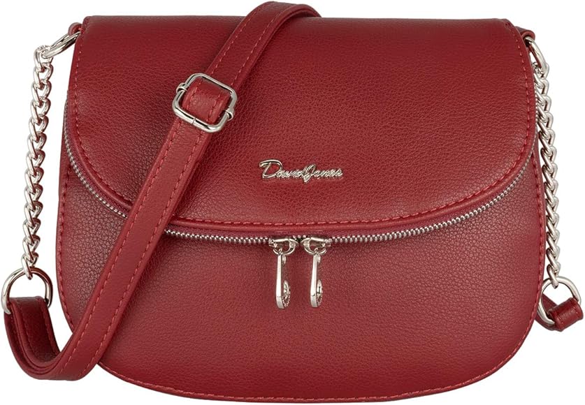 David Jones - Pequeño Bolso Bandolera Cadena Mujer - Bolsos de Hombro Mensajero Piel Cuero PU - Bolso Cruzado Cremallera Compartimentos - Messenger Crossbody Bag - Clutch Noche Embrague - Rojo Burdeos