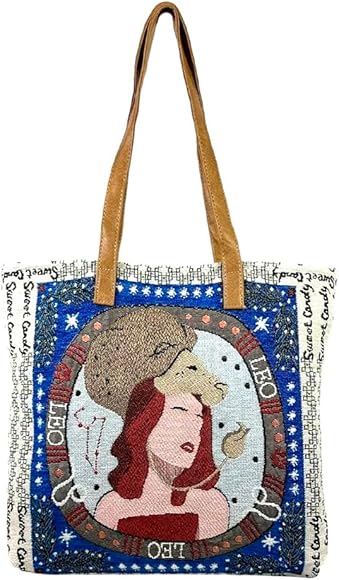 Sweet Candy - Bolso de Hombro Tote de Tela para Mujer, con Estampado Bordado Signos del Zodiaco y Horóscopo, con Asas de Polipiel PU