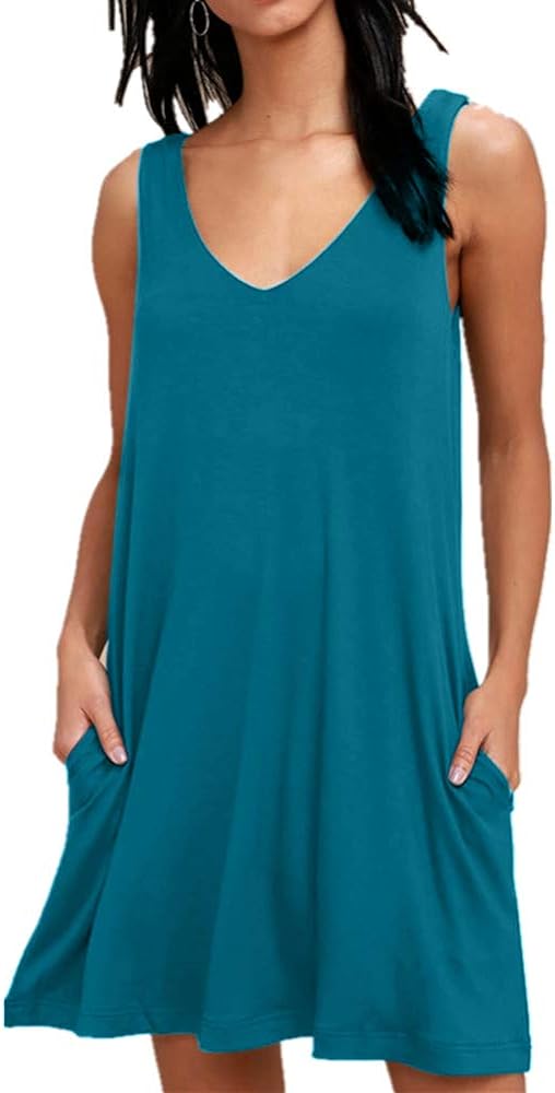 BISHUIGE Women Summer Casual V Neck T Shirt Dresses Beach Cover up Plain Tank Dress