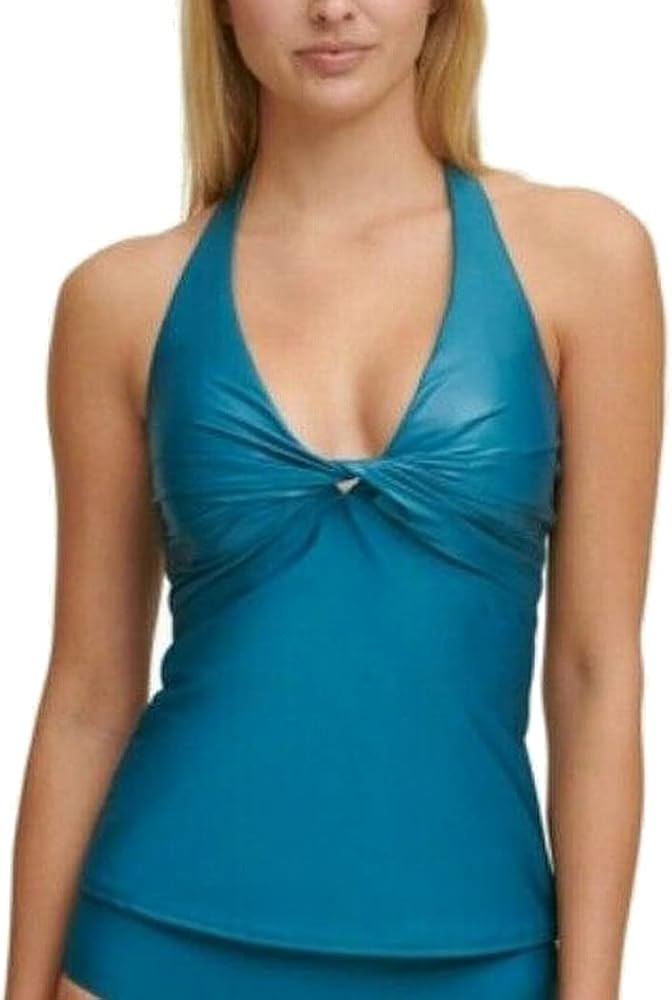 DKNY Women's Teal Stretch Removable Cups Tie Lined Twist Front Deep V Neck Halter Tankini Swimsuit Top XXL