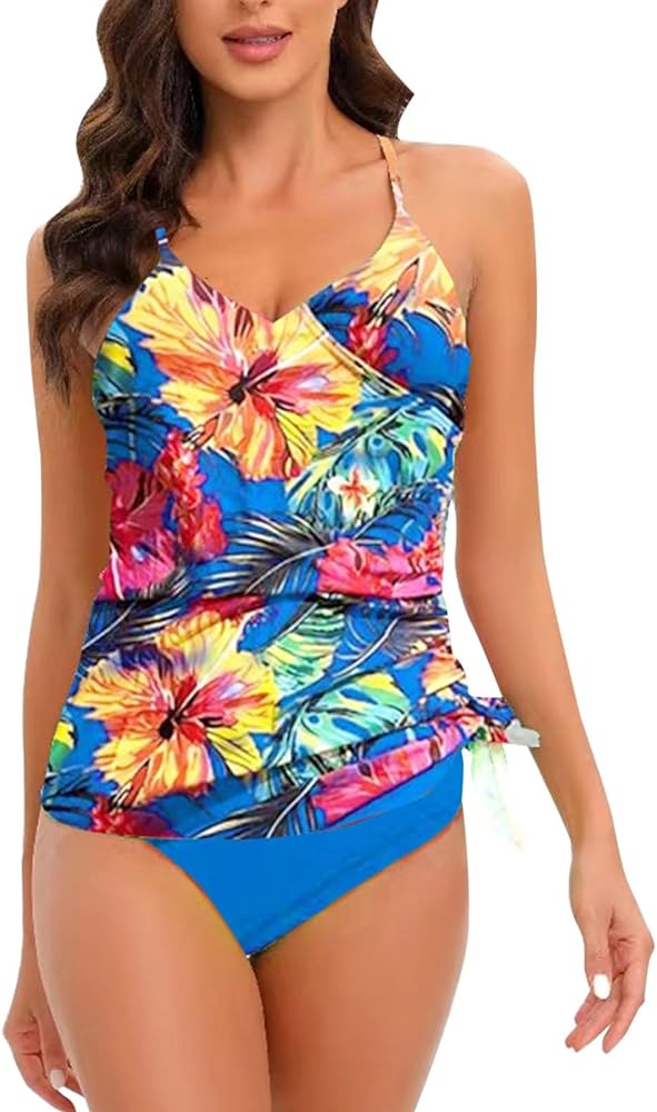 Womens Beach Tie Shoulder Swimsuits Floral Print Tankini Swimwear Bathing Suit Plus Size Tankini Tops for Women