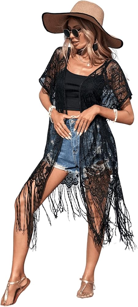 Verdusa Women's Fringe Hem Short Sleeve Sheer Lace Swimsuit Kimono Cover Up Cardigan