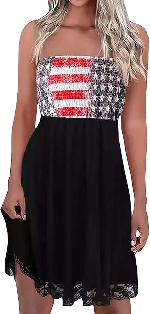 LLHXRUI American Flag Smocked Strapless Bandeau Mini Dress Women USA Stars Stripes Tube Top Dress Beach Sundress Cover Ups